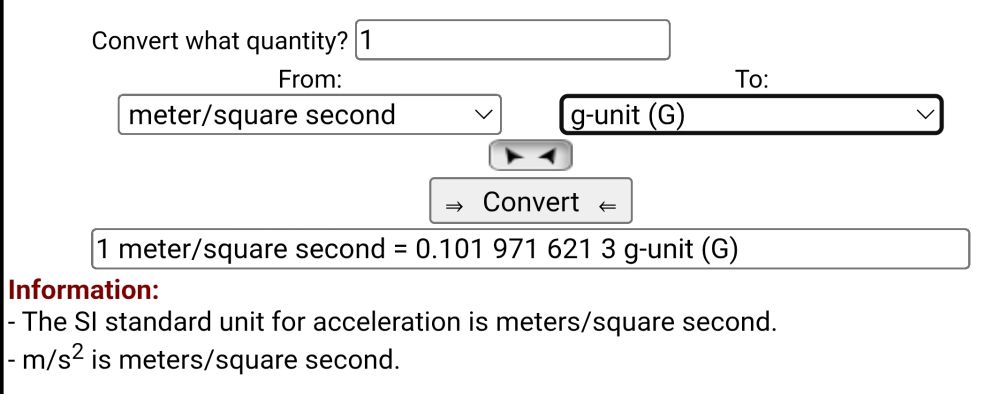 Screenshot from onlineconversion.com depicting the unit conversion from meter per second-squared to G-UNIT
