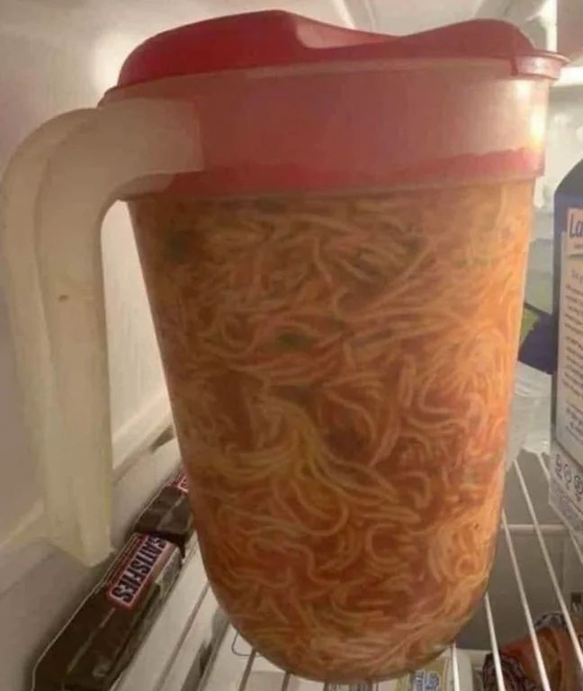 wet goblin put spaghetti in one of those juice pitchers instead of a regular tupperware

there are also two snickers bars in the fridge