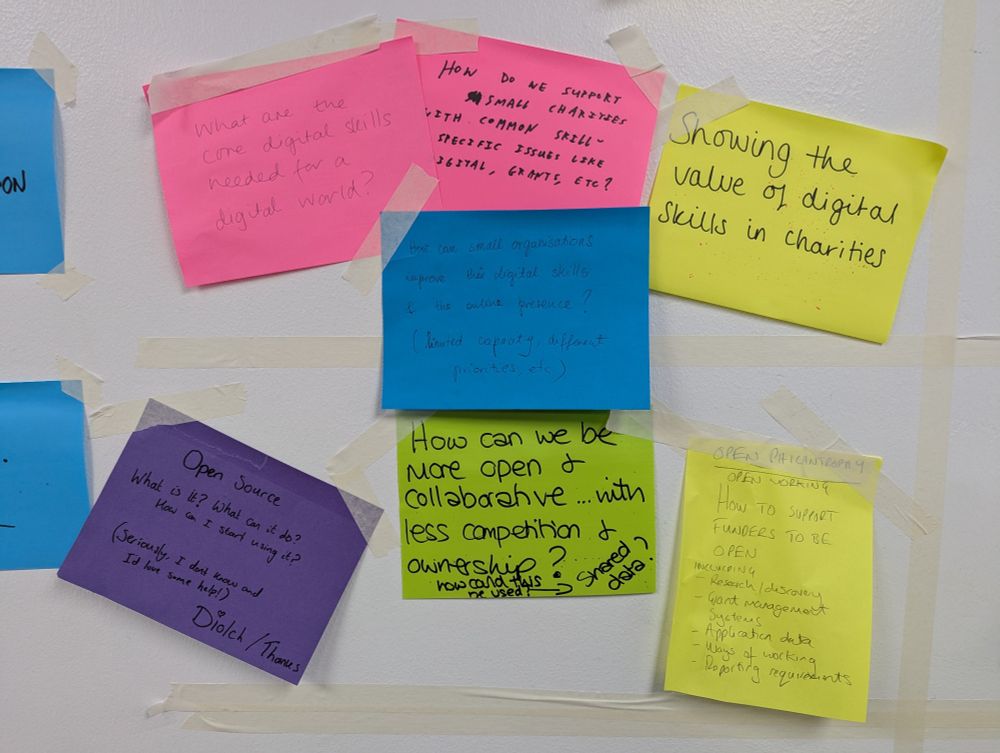 A photo of post it's showing ideas for agenda discussions focusing on digital skills and open source collaboration