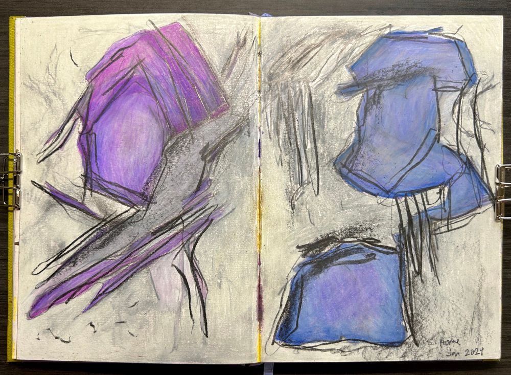 An abstract drawing of pinkish-purplish shapes on a grey background