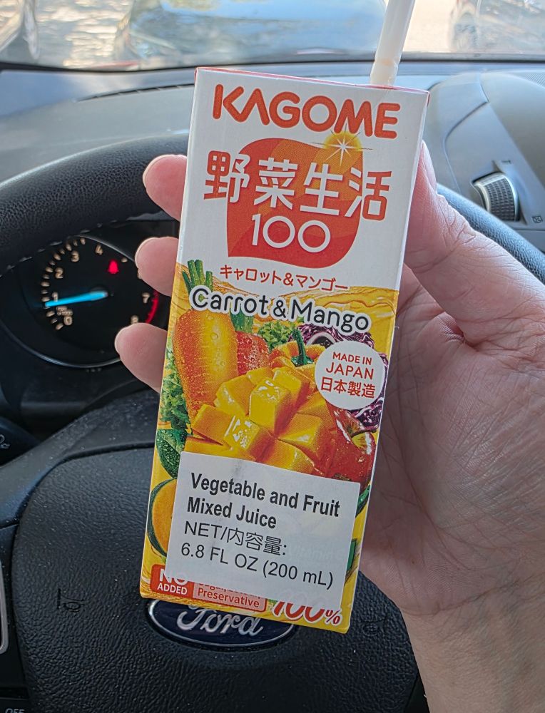 Kagome veggie &fruit juice box, carrot and mango flavor.

Tastes like the v8 fruit and veggie mixes... so stick to those I think but these were tasty