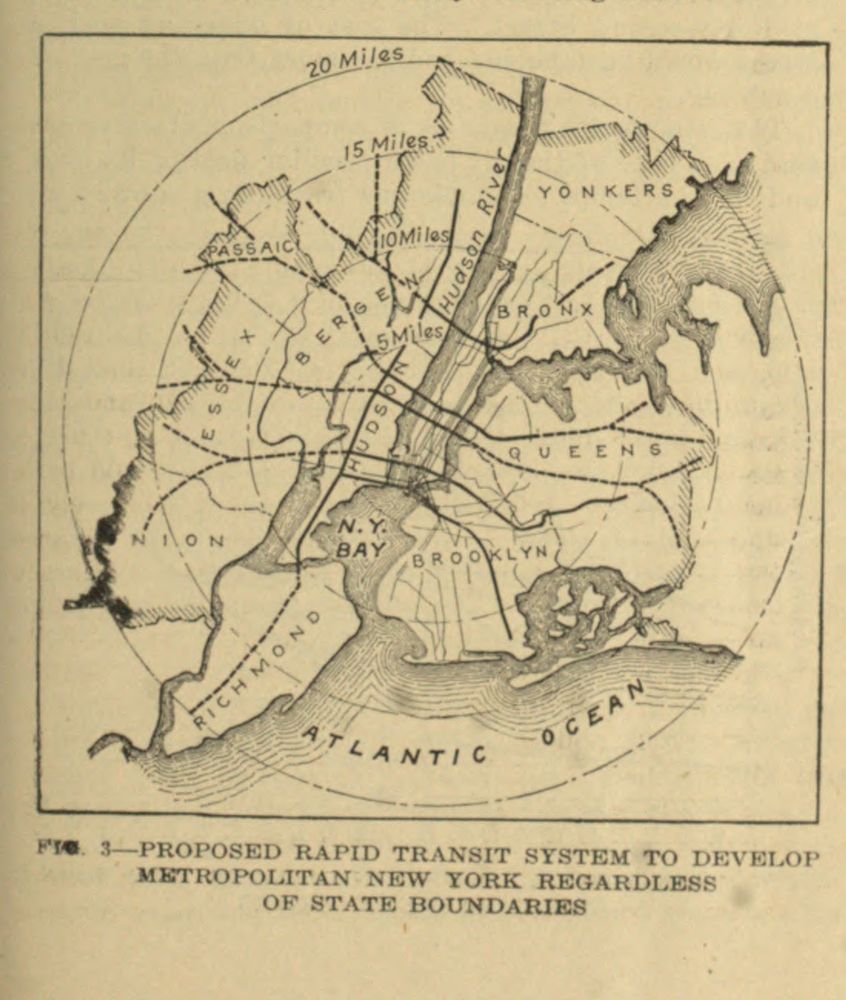 map of new york city and its transit system, with additional major lines drawn on top usually stretching between long island and new jersey and with several branches on each side