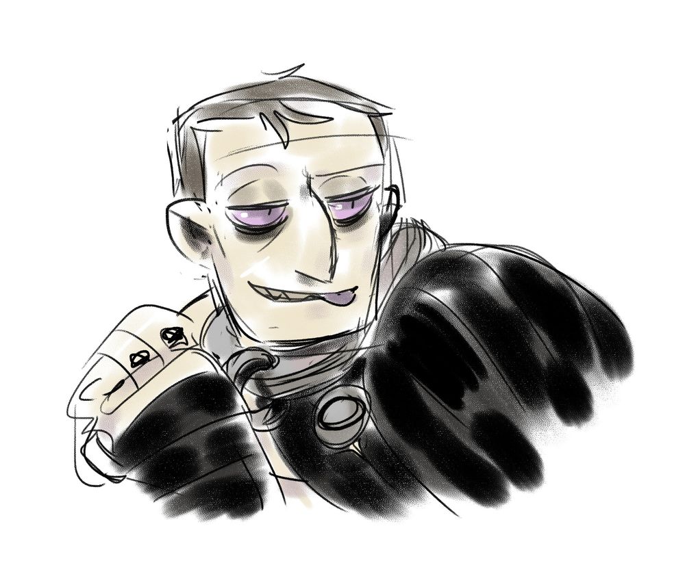 pale, short haired blocky faced male character smirking with sharp teeth