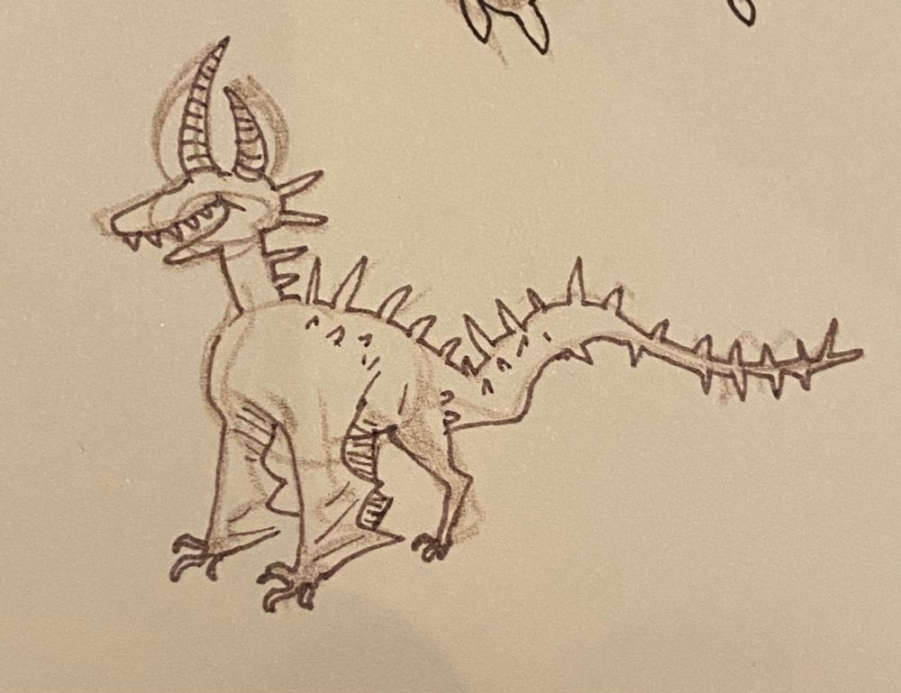 Tiny dragon with crooked horns, no eyes and winged front arms and a spiky tail