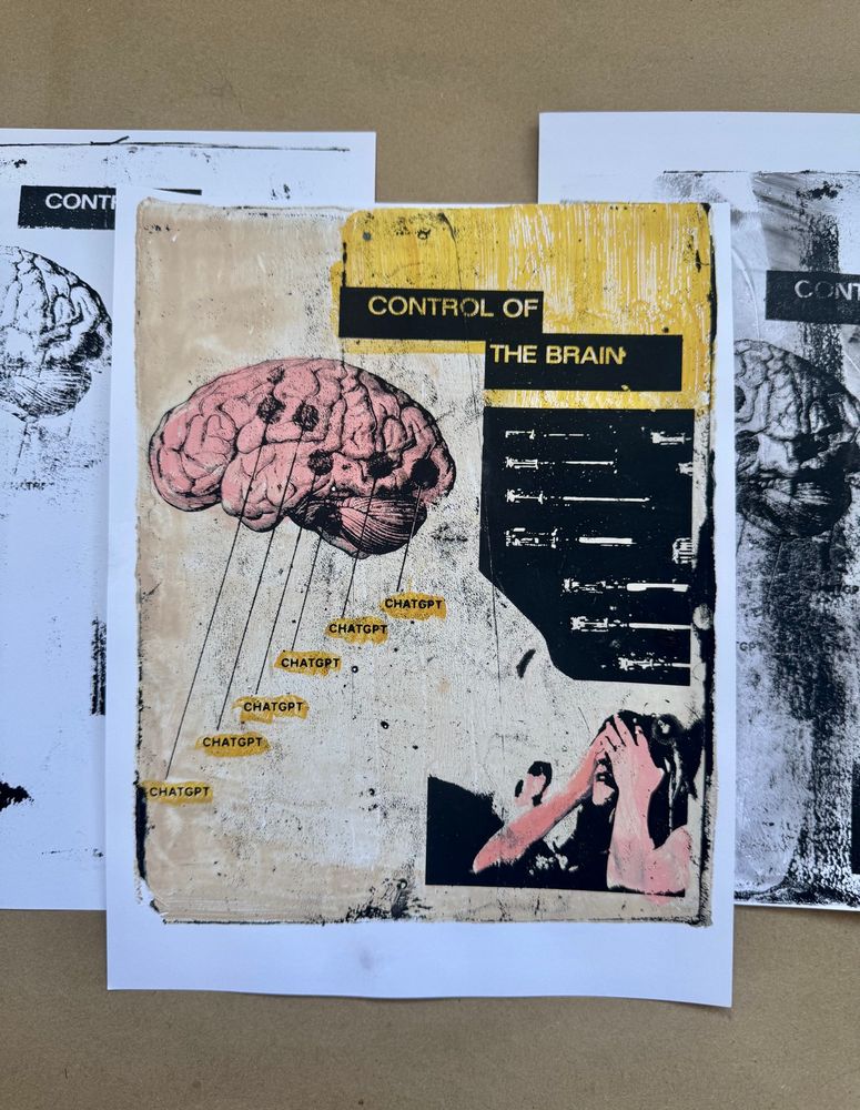Collage depicting a brain with callouts that all say chatgpt, inferring that our thinking is being replaced. “Control the brain” is at the top and emphasized. A scrap shows screwdrivers alluding to tools and a young woman has her face in her hands at the bottom right.