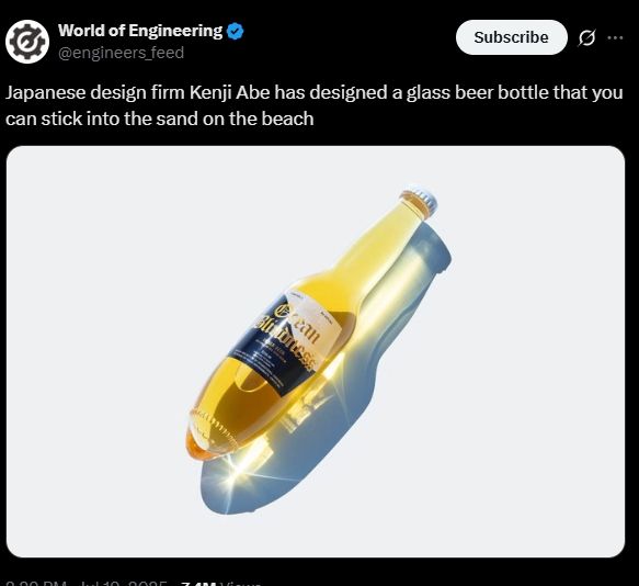 engineers_ feed Japanese design firm Kenji Abe has designed a glass beer bottle that you can stick into the sand on the beach