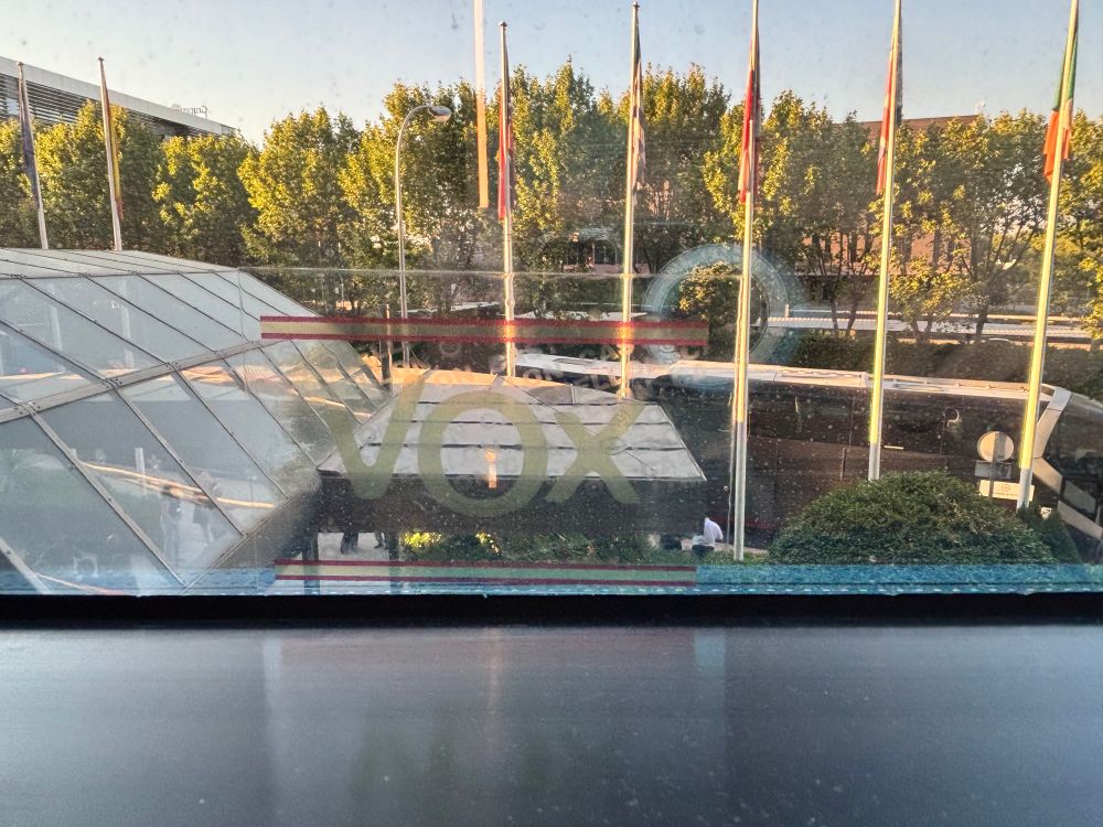 Foto de la ventana de mi hotel, se ve la parte superior de la entrada al mismo, varias banderas y árboles al otro lado de la calle… 

Y una pegatina de VOX en el cristal 😡🤮