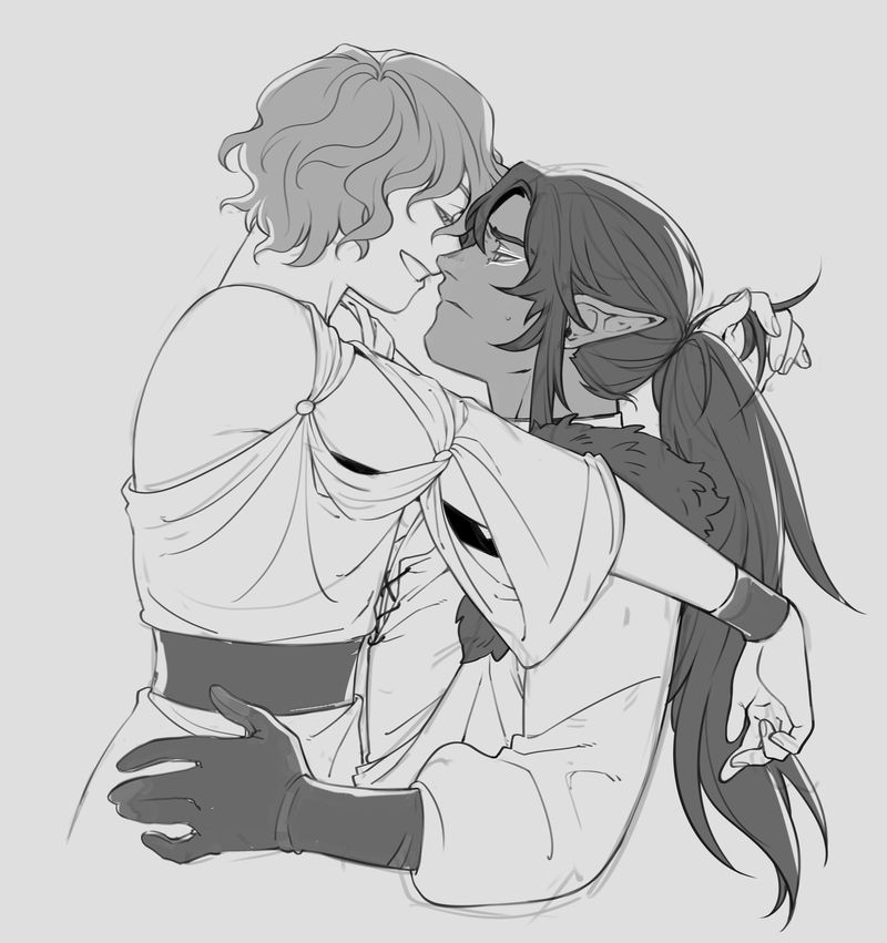 Half body sketch of Lyric (OC) sitting straddling Captain Quartz's lap, a flirty expression, faces very close together with his arms draped over Quartz's shoulders with one hand playing with Quartz's hair. Though he is allowing the affection, Quartz looks unimpressed and mildly annoyed, his hands resting loosely holding Lyric's waist, but this could easily be in preparation to pick him up and move him OFF.