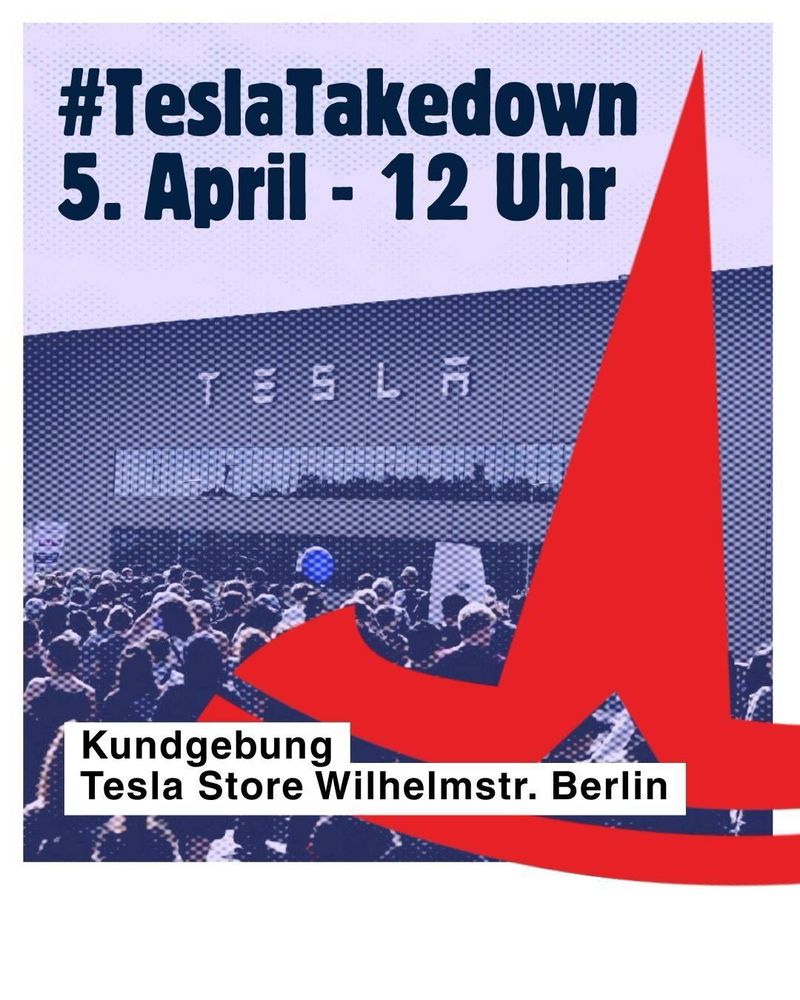 Banner with the hashtag #TeslaTakeDown 5. April - 12 Uhr