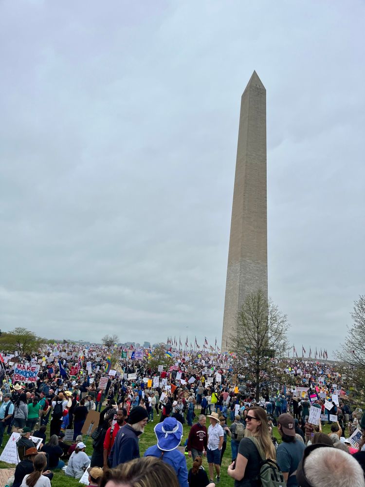 HandsOff rally in DC. Thousands of people gather near the Washington Monument. 