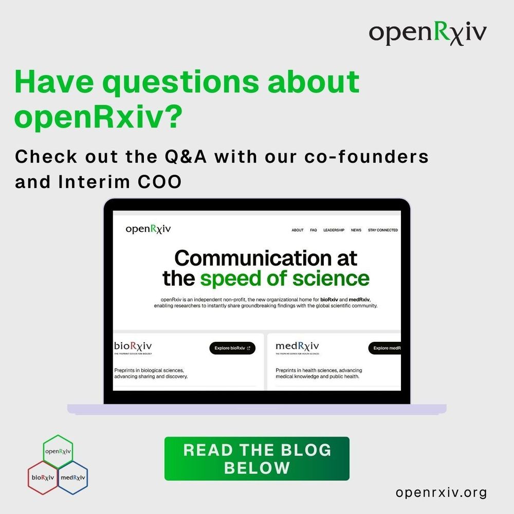 Have questions about openRxiv? Check out the Q&A with our co-founders and Interim COO. Image of a laptop with the openRxiv website homepage shown. Website title is Communication at the speed of science. Cards with bioRxiv and medRxiv below. Read the blog below.