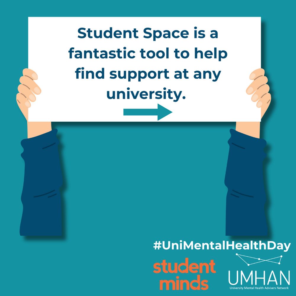 Blue background with an illustrated image of two hands holding up a placard. The placard reads: Student Space is a fantastic tool to help find support at any university, -Student Minds, 2023. In the bottom right corner sits the Student Minds and UMHAN logos and above this: #UniMentalHealthDay.

