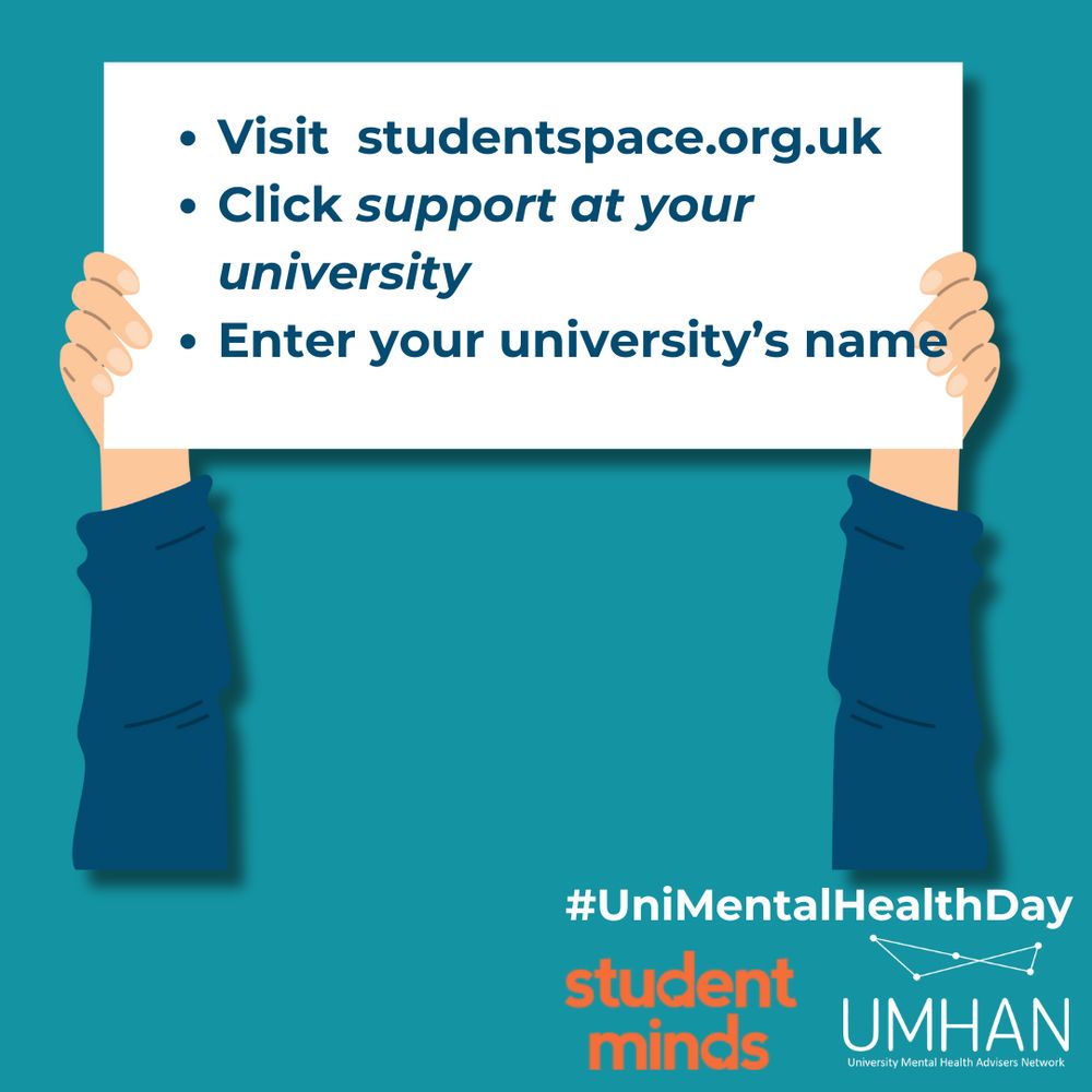 Blue background with an illustrated image of two hands holding up a placard. The placard reads: Visit studentspace.org.uk, click support at your university, enter your university's name.  -Student Minds, 2023. In the bottom right corner sits the Student Minds and UMHAN logos and above this: #UniMentalHealthDay.

