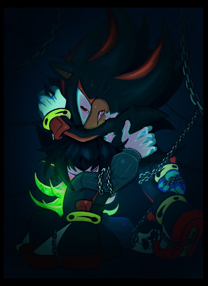 Shadow the hedgehog and Odium holding onto each other with chains locking them together.