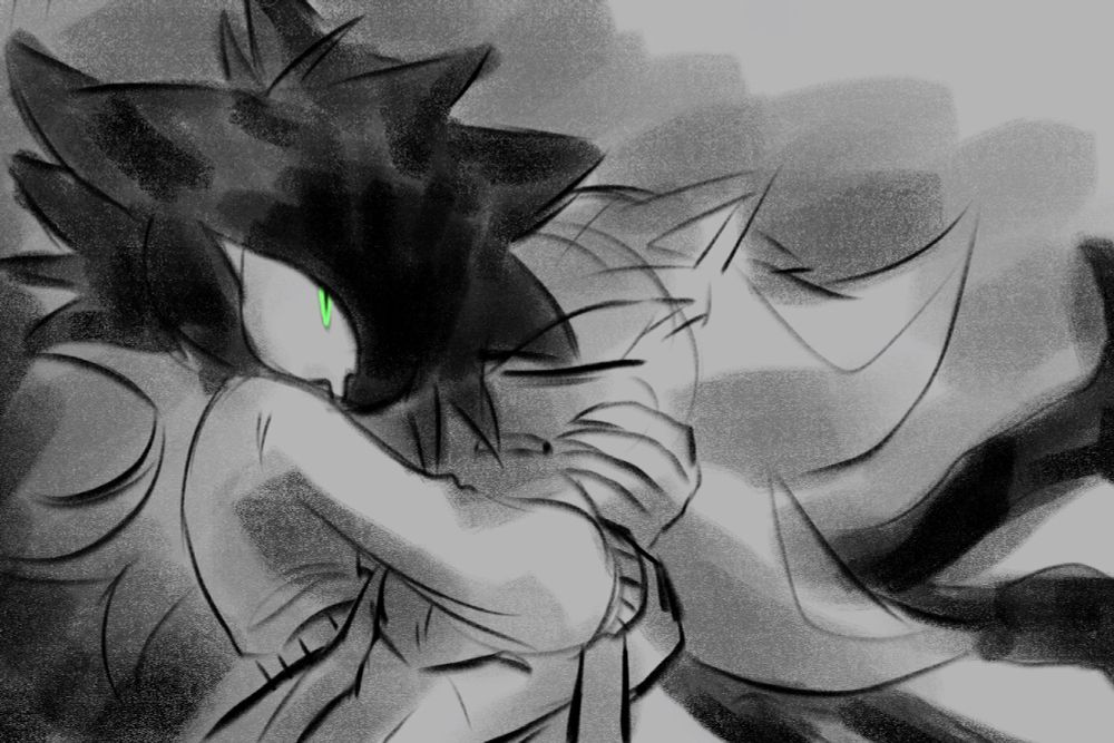 Odd holds on to Shadow, who seems to be unconscious. A single tear falls from Odd's eye as he looks up at sonic.