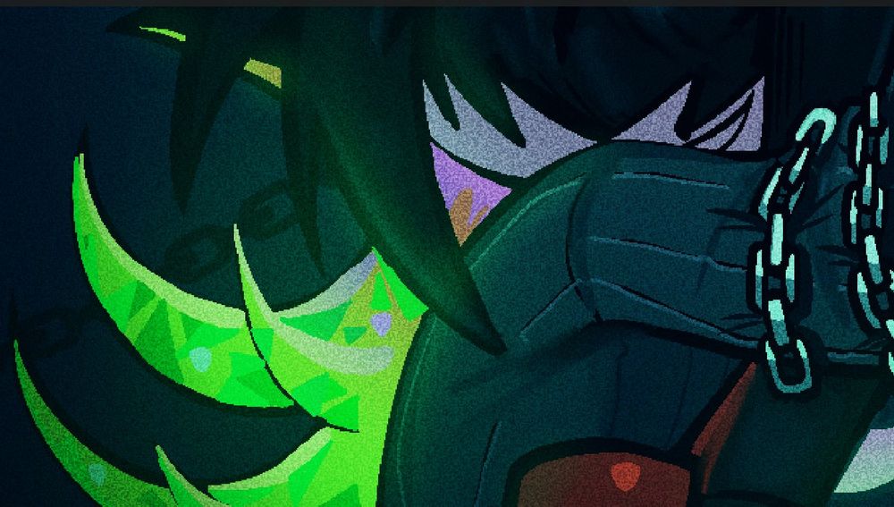 A close up of Odd's gem-like hair. It's got little prism patterns and glows slightly. I've been inspired by the way Land of the Lustrous renders the girl's hair in that show.