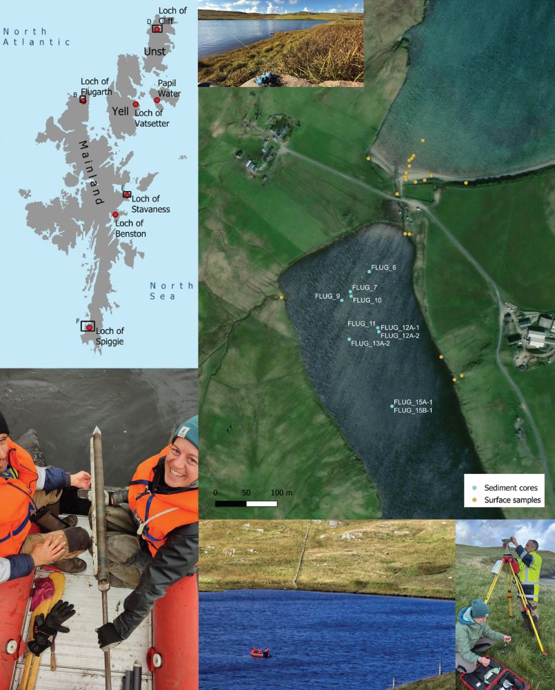 Collage showing a map of the Shetland Islands in the top left, a map of Loch Flugarth and core sites and sampling locations top right, a sediment core from the centre of the loch bottom left, coring in a small boat on the loch middle bottom, and GPS surveying and measuring retaining sill altitudes bottom right 