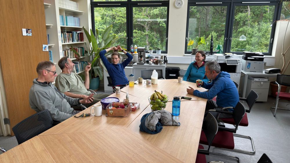Morning tea at SCENE with Colin Adams, Iain Geldard, Jodie Geldard, Eileen Tisdall, and Tom Bradwell sat around a table in the common area