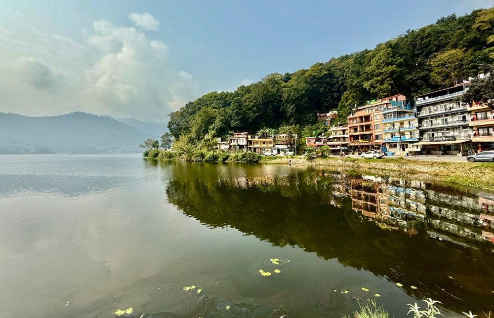 A photo of showing reflection of Phewa Lake, Pokhara, Nepal