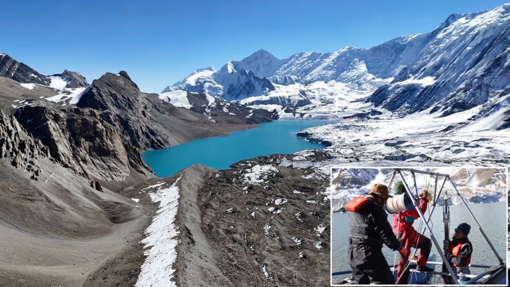 Photo of Lake Tilicio in Nepal with an inset core showing our team collecting sediment cores from the lake 