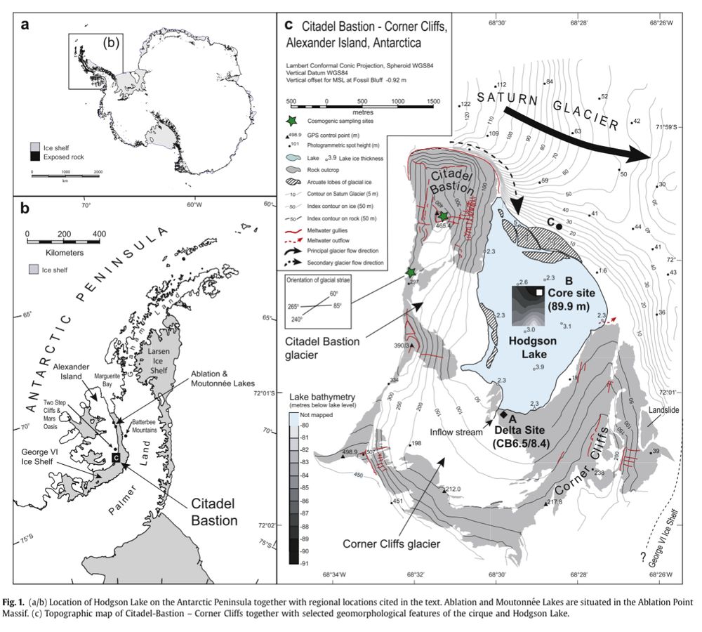 Location map of Antarctica, the Antarctic Peninusla and Hodgson Lake showing its geomorphology and sampling sites 