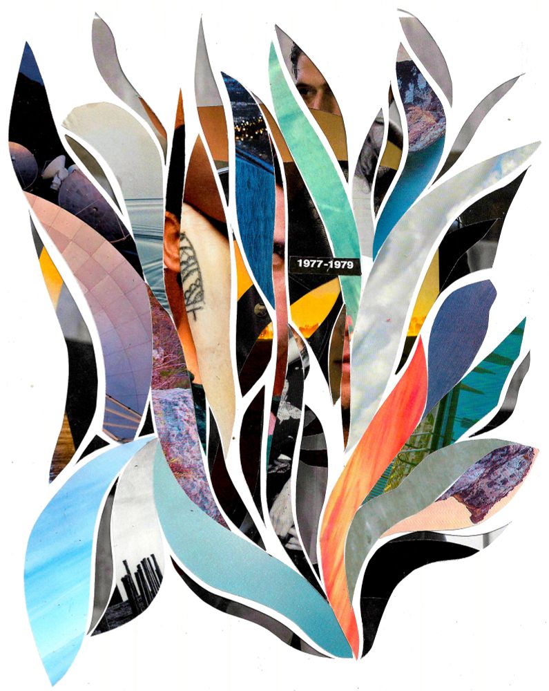 Paper collage with brightly colored swoop shapes. Text reads “1977-1979”