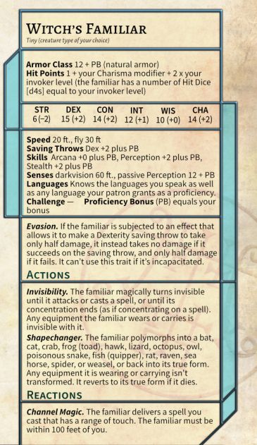 Image of a statblock for a familiar that uses your proficiency bonus in a way similar to newer summoning spells.