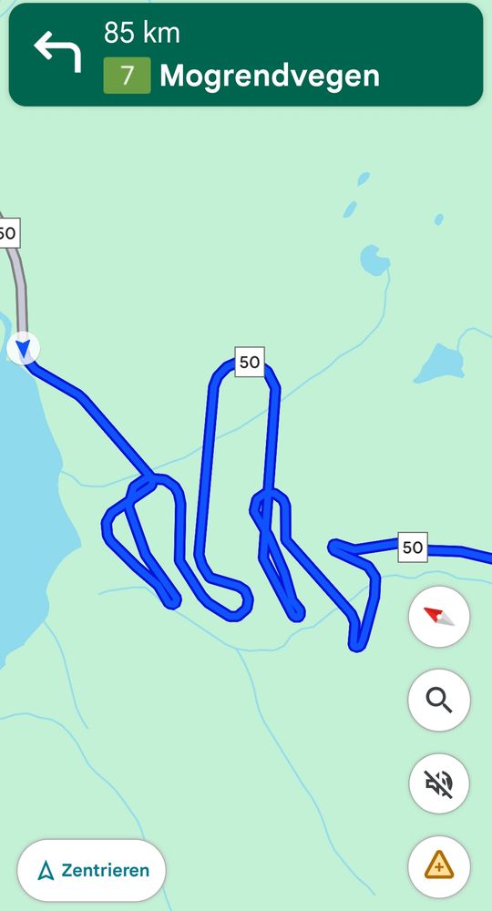 Screenshot von Google Maps:  Serpentinenstraßen in Norwegen.