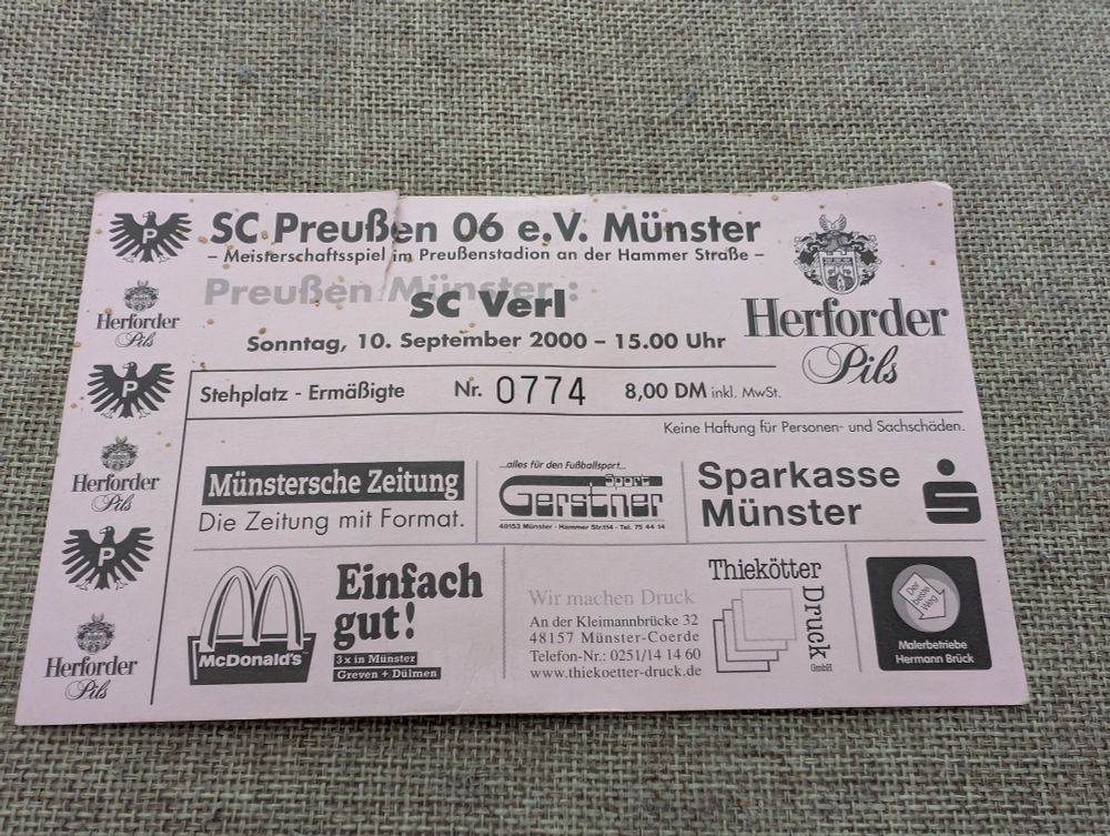 Eintrittskarte zum Heimspiel des SC Preußen Münster am 10.September.2000. Gegner egal.