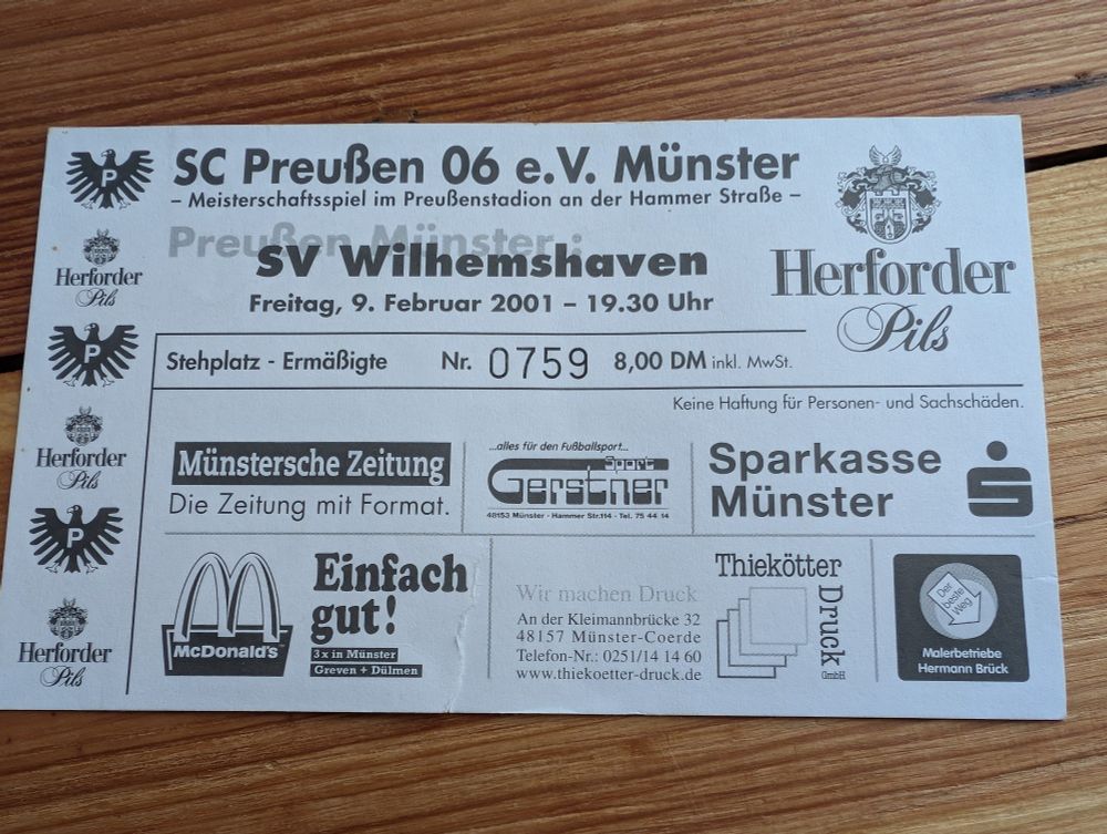 Eintrittskarte SC Preußen Münster gegen SV Wilhelmshaven vom 09.02.2001.