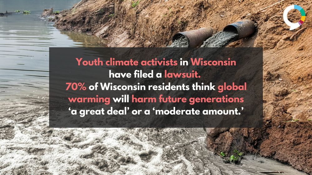Wastewater pouring out of a drain and polluting a nearby river, with the overlaid text: “Youth climate activists in Wisconsin have filed a lawsuit. 70% of Wisconsin residents think global warming will harm future generations ‘a great deal’ or a ‘moderate amount.’”