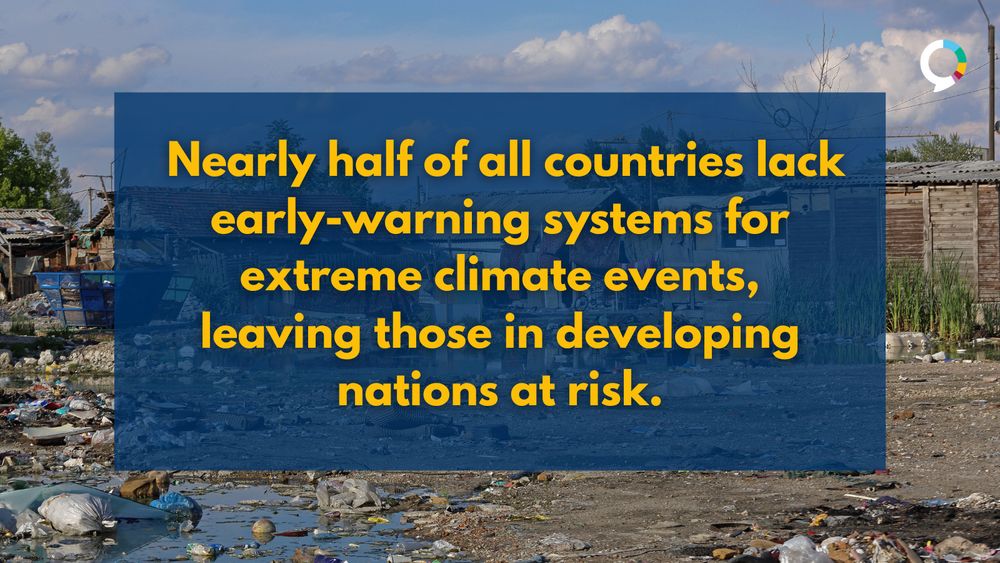 An image of a rural village riddled with trash and debris after a flood swept through the village, with a text overlay reading: “Nearly half of all countries lack early-warning systems for extreme climate events, leaving those in developing nations at risk.”