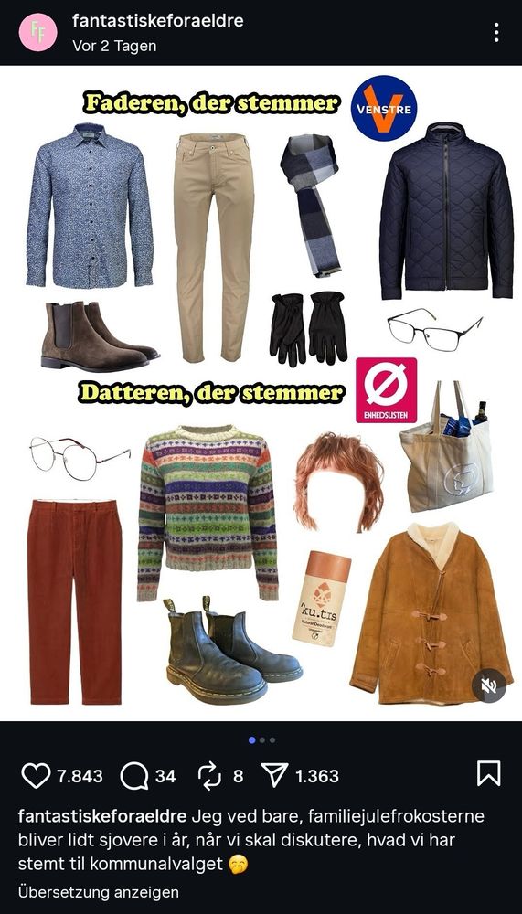 danish local election meme with stereotypical clothing items for a father who votes Venstre (liberal-conservative) and a daughter who votes Enhedslisten (communist)