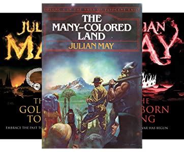 Book covers: The Many-Colored Land by Julian May partially obscures the covers of The Golden Torc and The Nonborn King, both also by Julian May. On the main book cover stand a group of six adventurers hiking toward a mountain. In the foreground are a bearded blond man with big muscles, dressed as a Viking with a horned helmet, and a white woman in a traditional, black and white nun's habit. She stands next to someone whose face is obscured by a pith helmet. 