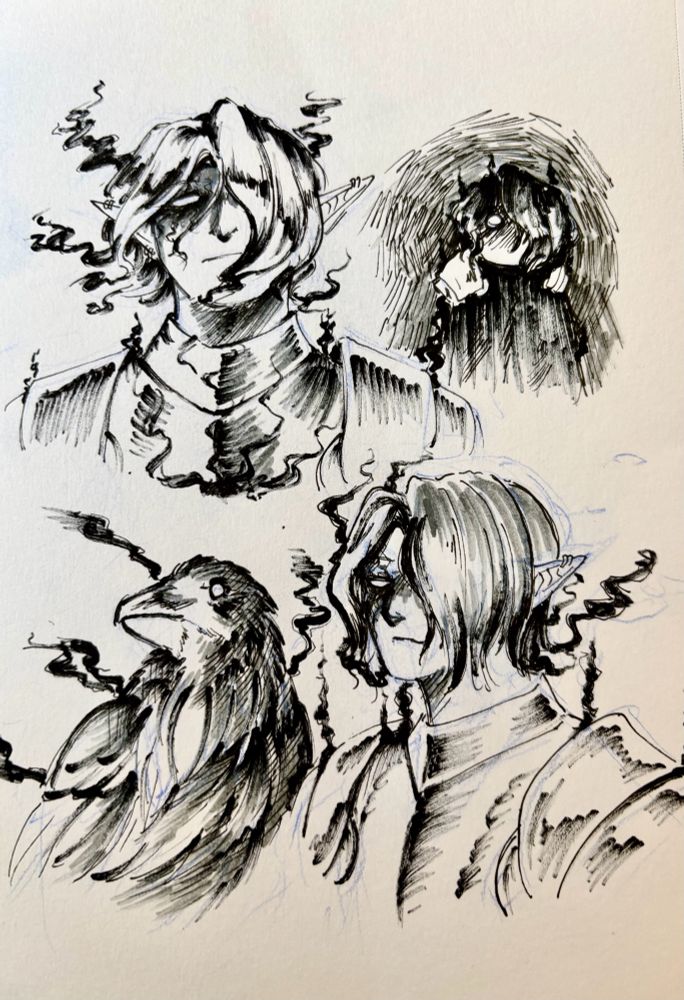 Compilation sketches of a shadow aasimar, looks cold and dead with a wispy raven accompanying her.