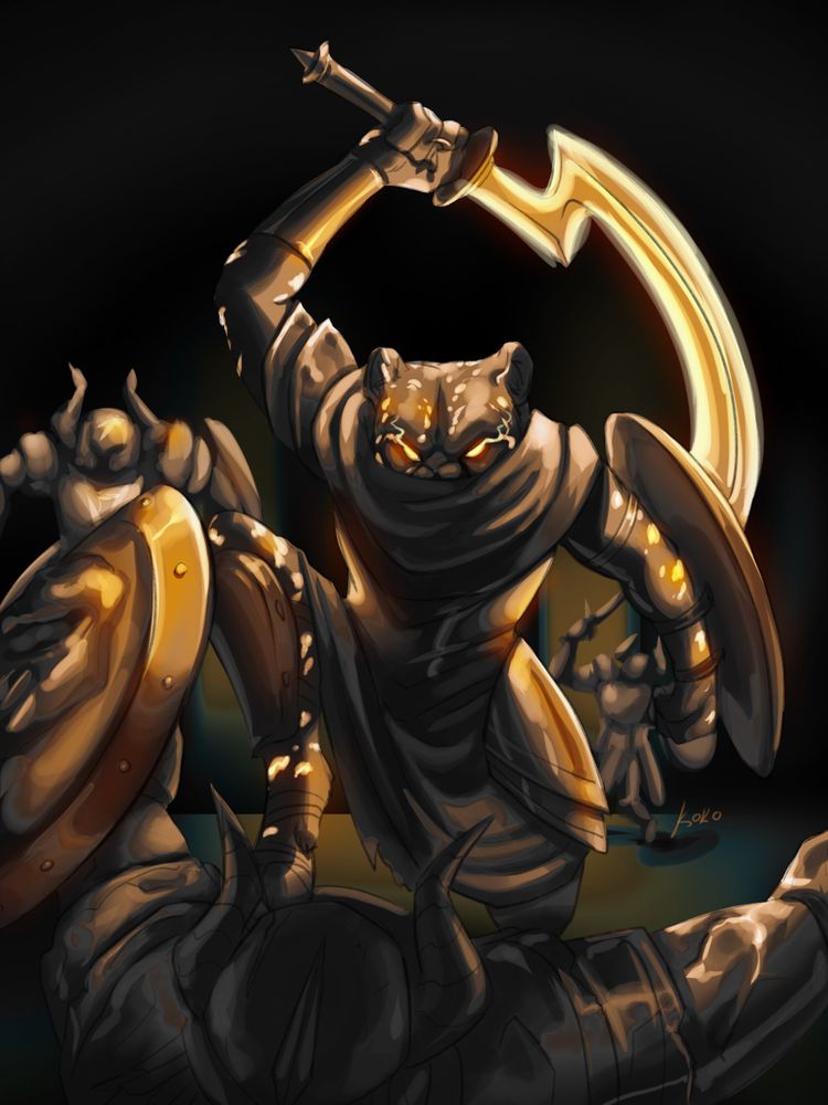 A tabaxi paladin using Divine Smite on an undead knight while being surrounded by other undead.
