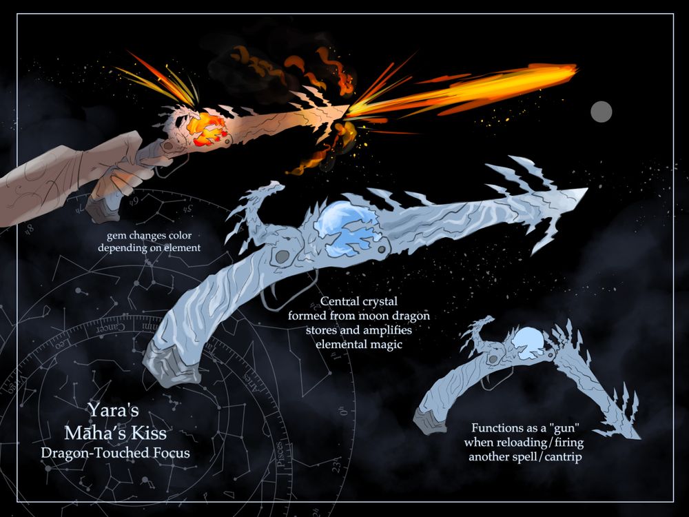A flintlock shaped arcane focus with a crystal orb sharing motifs of a lunar dragon. The orb changes color based on the element/magic being caster.
