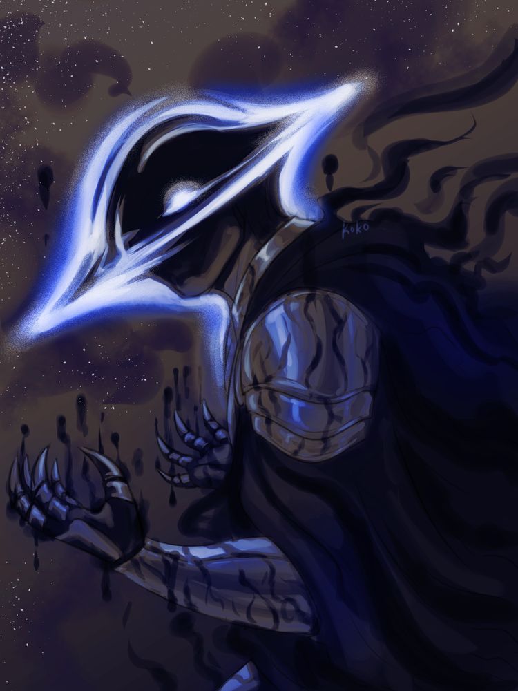 An aasimar channeling fear with her halo manifesting as a blackhole for her head.