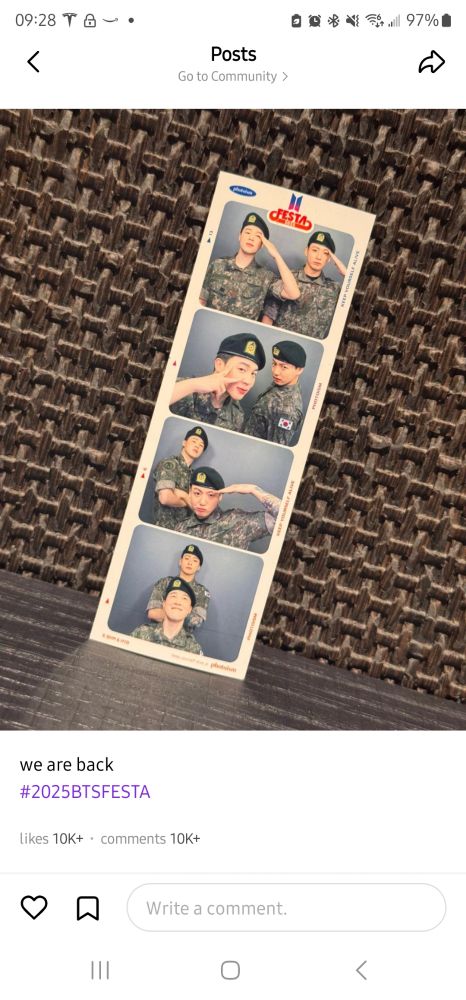A photo posted by JK of a photo booth strip, with four pictures of JK and Jimin in military uniform saluting and making silly faces. His caption reads "we are back #2025btsfesta" 