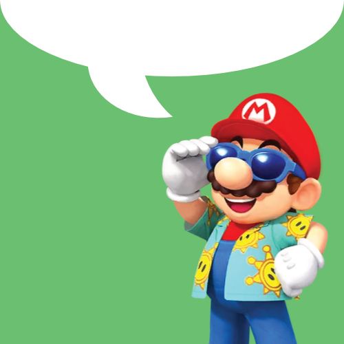 Super Mario in Sunglasses in front of a green screen, with an empty speech bubble arranged in such a way to seem like he is saying the original post