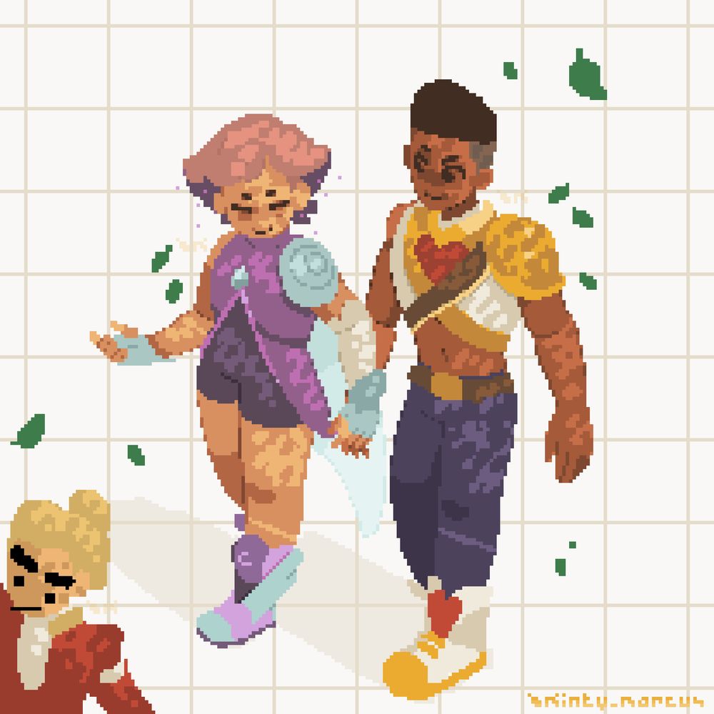 pixel art drawing of glimmer, bow, and adora from the show She-Ra and the princesses of power, out on a hike under the shade of trees, as seen from above, with glimmer and bow holding hands, and adora just barely seen, half off-screen