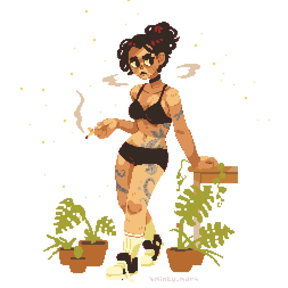 pixel art drawing of my character george, leaning back against a table, her right hand, viewer's left, holding a cigarette, standing in the middle of a bunch of pots with plants, dressed in her casual under garments, showing off her tattoos that feature a mermaid on her waist, a fish on her left arm, octopus tentacles on her thighs.