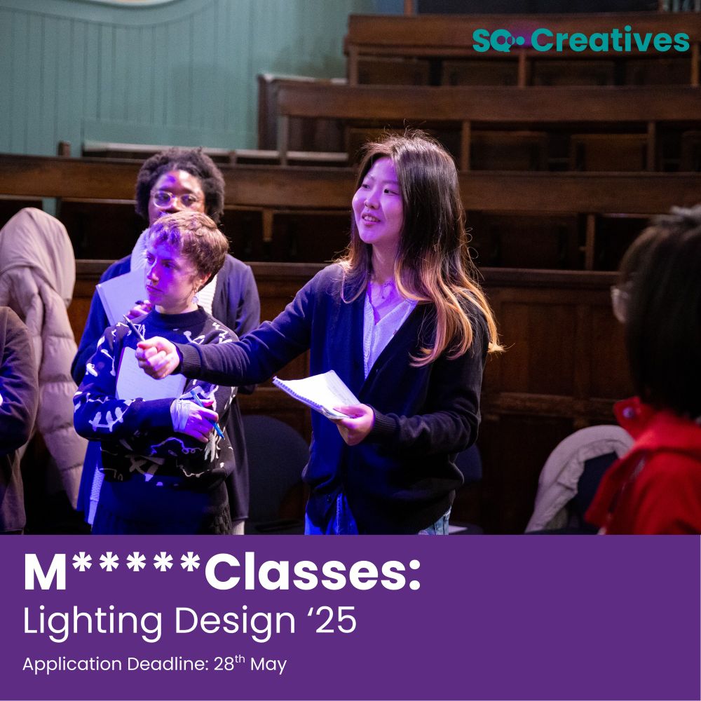 A woman stands with a notebook, enthusiastically asking a question. Text reads M*****Classes Lighting Design ‘25