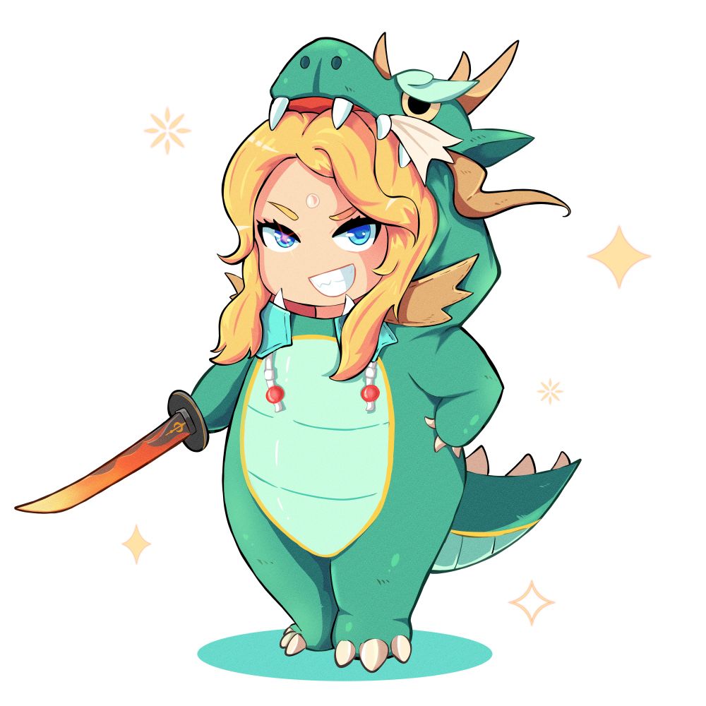 stylized chibi illustration of a smol zenol wearing a dragon costume whilst holding ame no habakiri on the side.  He is devilishly hansome! 