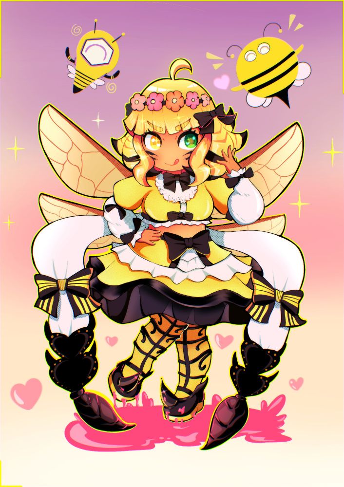 Stylized character illustration of Final Fantasy XIV's raid boss Honey B Lovely staring at the viewer with a teasing smile and cocky expression. 
