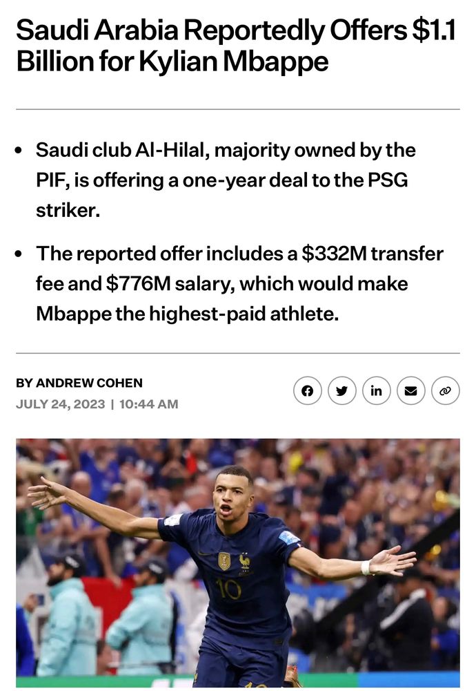Sportswashing at its best. 1.1 B USD for a football player to play in the KSA league. 