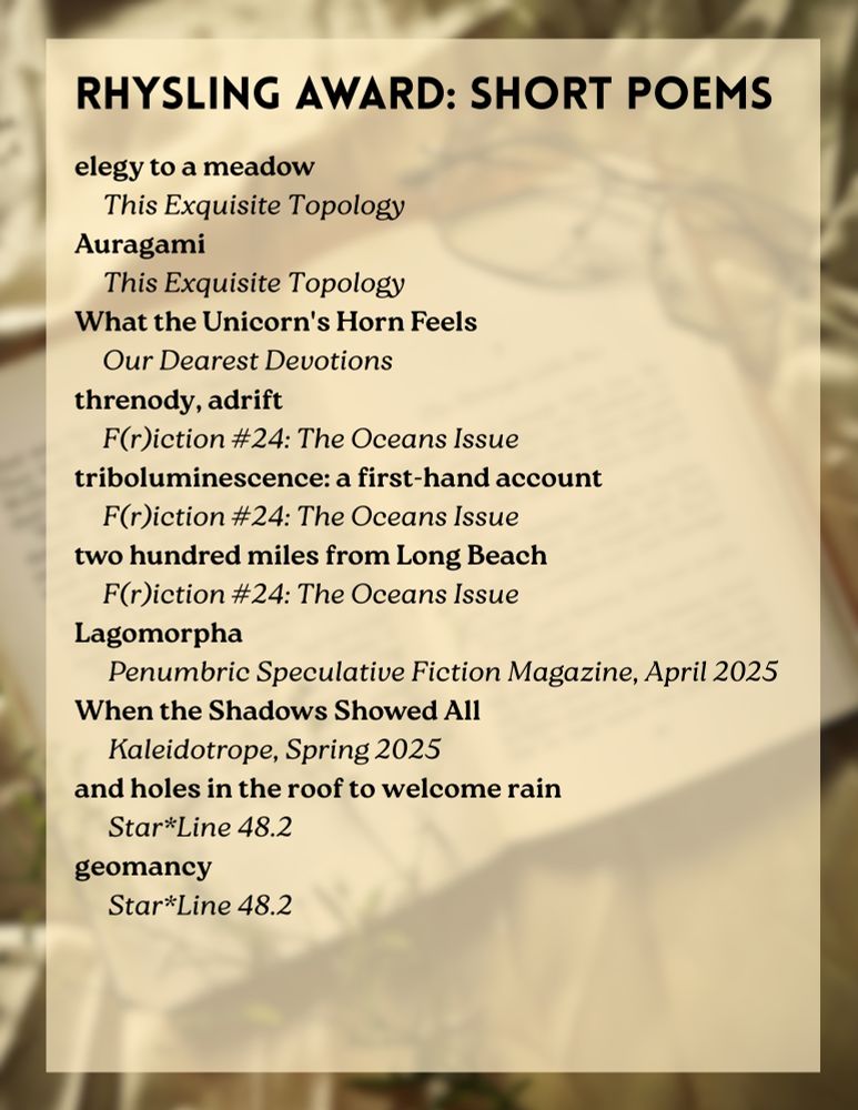 Graphic with the following text:
Rhysling Award: Short Poems
elegy to a meadow
     This Exquisite Topology 
Auragami
     This Exquisite Topology 
What the Unicorn's Horn Feels
     Our Dearest Devotions 
threnody, adrift
     F(r)iction #24: The Oceans Issue
triboluminescence: a first-hand account
     F(r)iction #24: The Oceans Issue
two hundred miles from Long Beach
     F(r)iction #24: The Oceans Issue
Lagomorpha
      Penumbric Speculative Fiction Magazine, April 2025
When the Shadows Showed All
      Kaleidotrope, Spring 2025
and holes in the roof to welcome rain
      Star*Line 48.2
geomancy
      Star*Line 48.2
