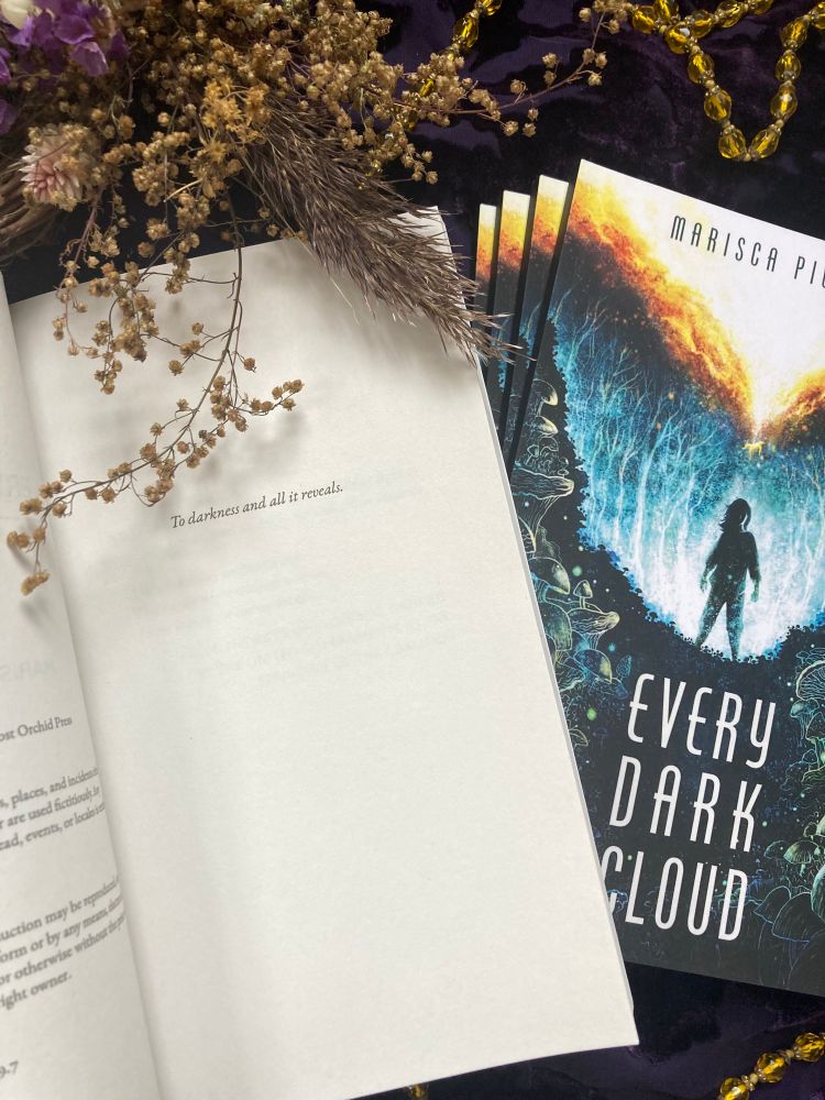 Photo of EVERY DARK CLOUD open to dedication page, which reads “To darkness and all it reveals.”