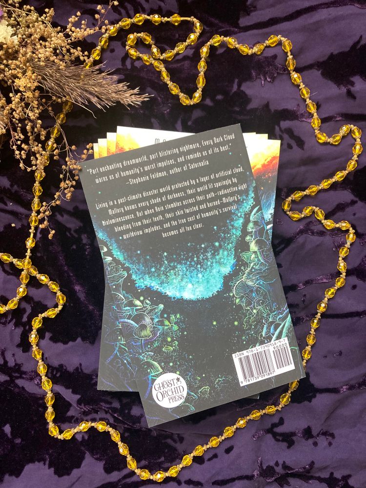 Photo of a stack of EVERY DARK CLOUD viewed from above, resting on a dark purple cut velvet background with a string of gold beads and dried flowers bordering the books. Top book is flipped over to show back copy.
