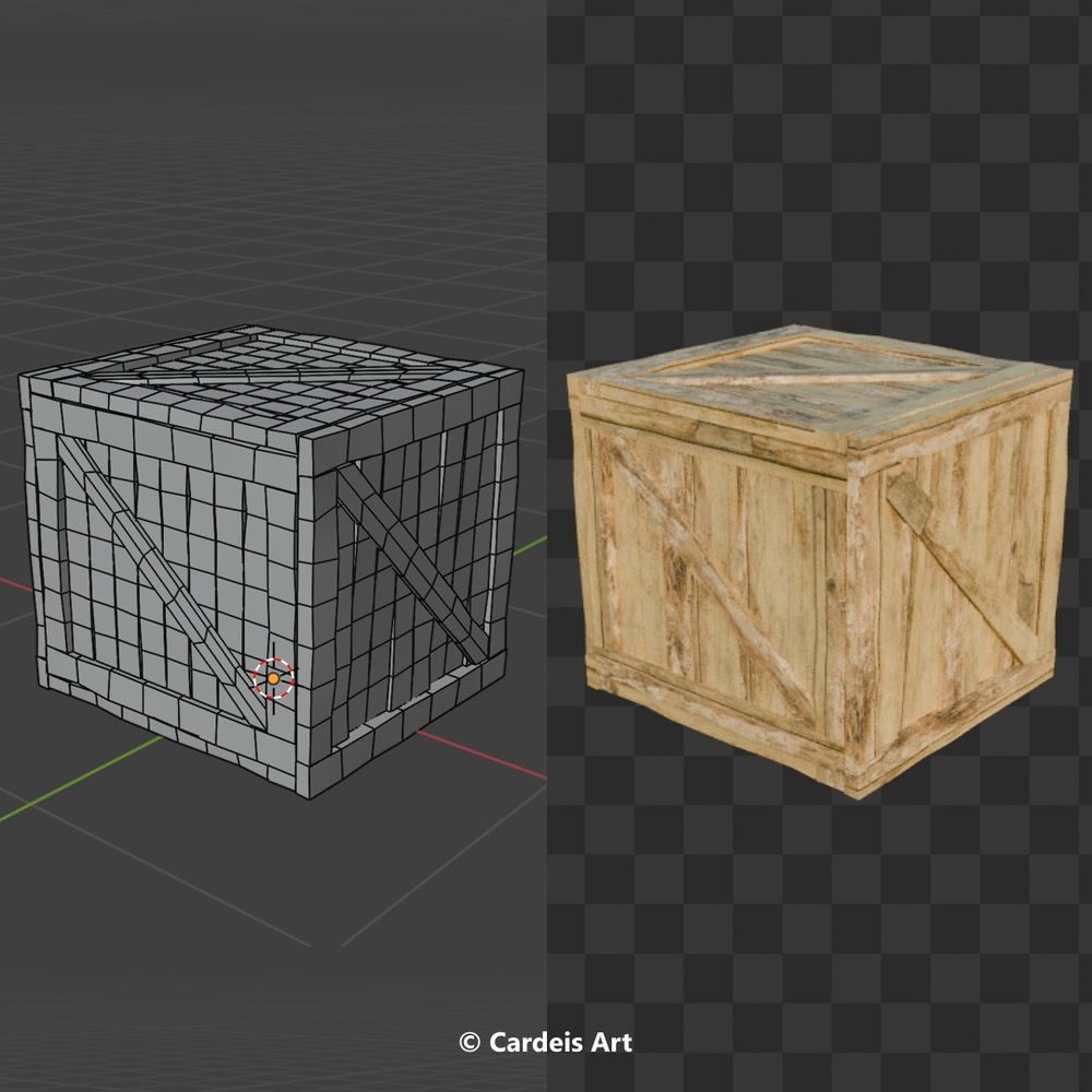 The screenshot shows the 3D model of a wooden crate made for the indie Action RPG video game codename: Robin Tech Netverse currently in development by Cardeis Art.
